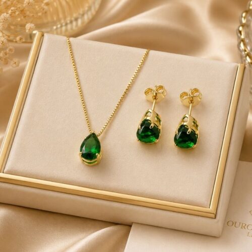 Cordão e Brinco em Ouro18k com Pedras Verdes