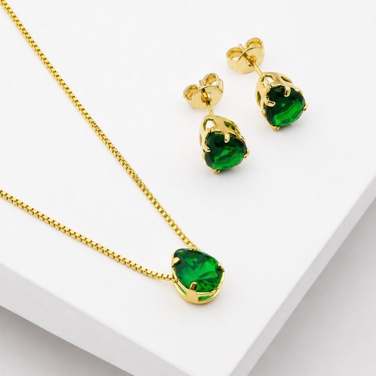 Cordão e Brinco em Ouro18k com Pedras Verdes