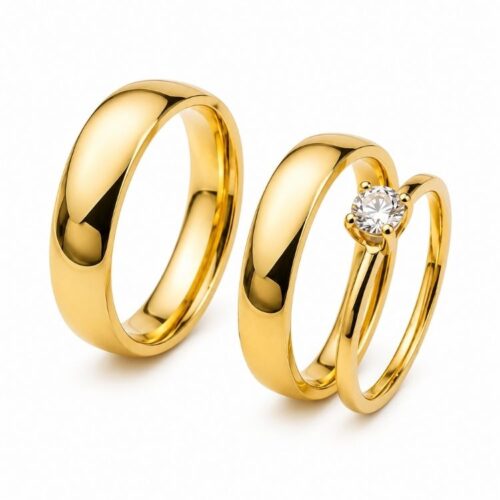 Par de Alianças de Casamento em Ouro 18K 3mm Redonda Lisa + Anel Solitário